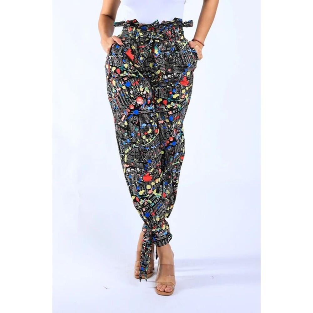 K TOO Newspaper Print Harem Paperbag Pants Highwaist Paint Splatter Tie Ankle L